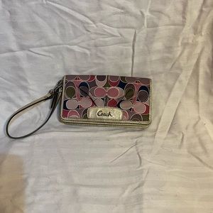 Coach purple logo wristlet with metallic strap
